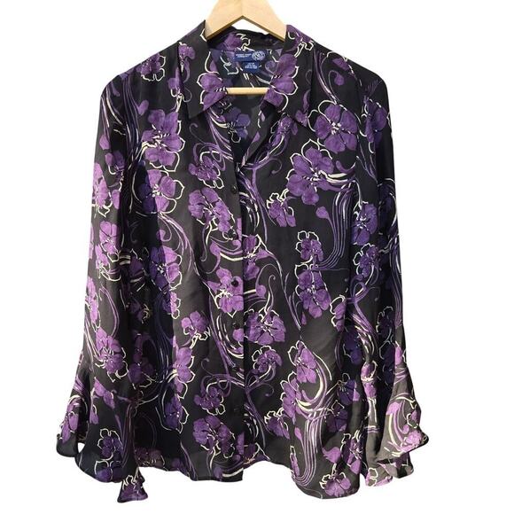 Venezia Jeans Womens Purple Floral Silk Blouse 14/16 Bell Sleeve Whimsigoth Boho - Picture 1 of 8